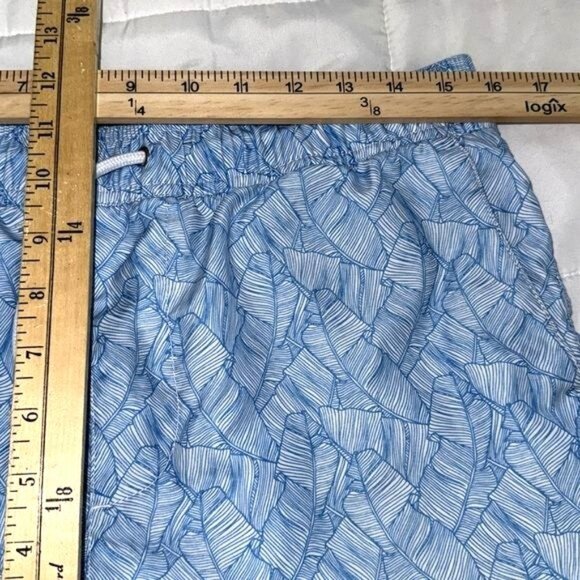 Mens Blue Swim Trunks With Drawstring Waist & Leaf Pattern - Picture 5 of 6